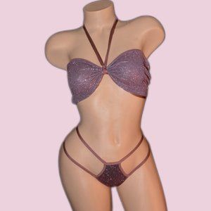 Sheer Maroon Glitter Tube Top Two Piece G-String Costume